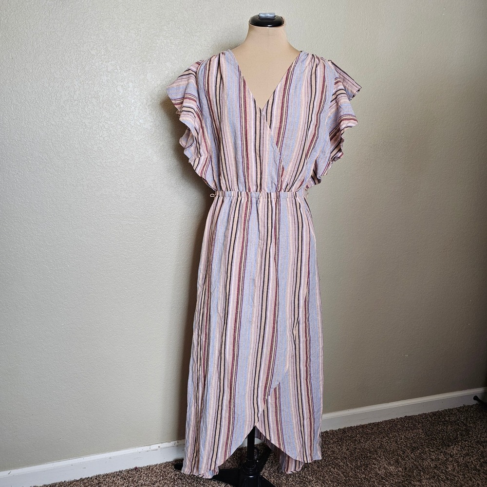 Umgee Striped‎ Ruffle Sleeve Maxi Dress Beige Purple Blue Medium Surplice neck